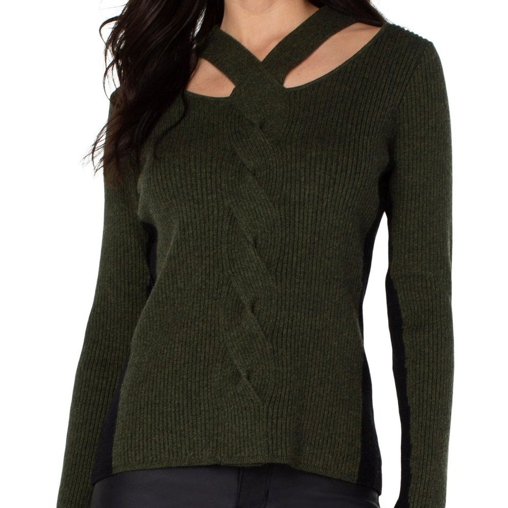 NWT Liverpool Long Sleeve Cable Twist Neck Wrap Sweater In Pine Heather Black